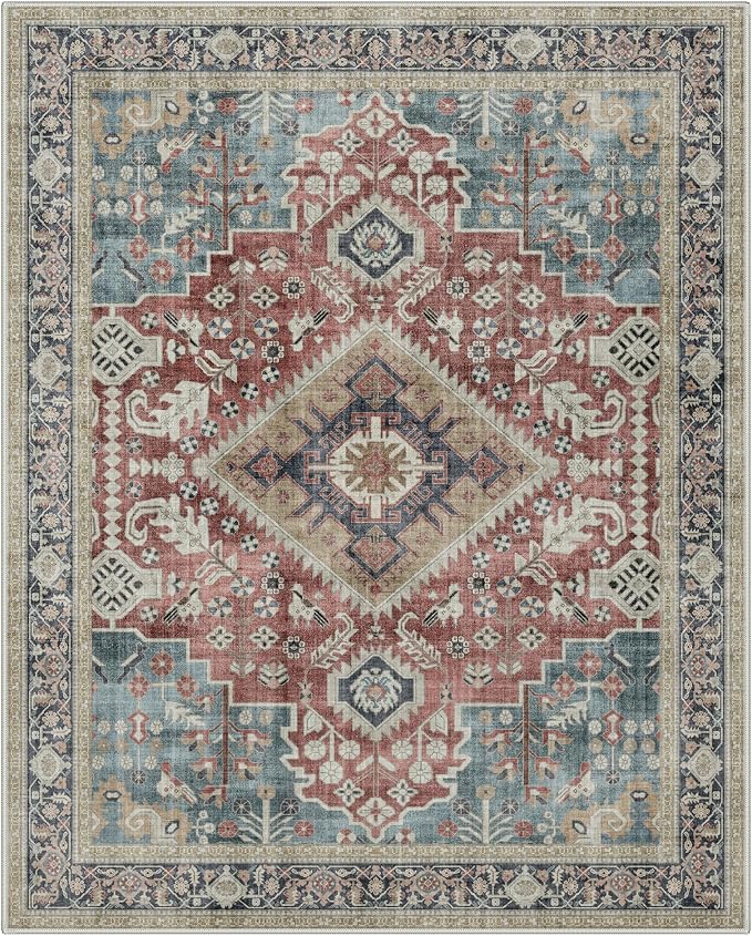 GENIMO 2X5 Washable Vintage Runner Rug for Hallway, Non-Slip Low Pile Chenille Print Rug, Soft Rugs for Indoor Entryway Kitchen Corridor, Indigo & Flush