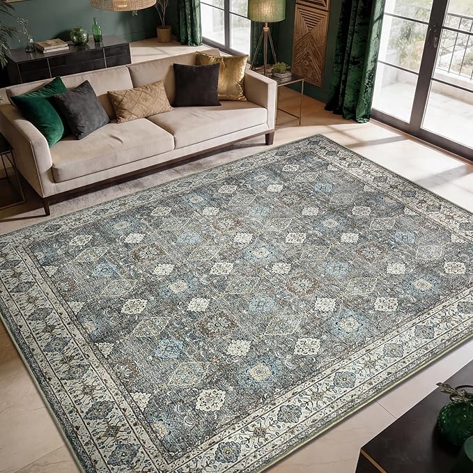 Keen Home Design 10x14 Rug - Machine Washable Area Rug with Non-Slip Backing, Ideal for Living Room, Dining Room, Bedroom - Vintage, Easy Clean, Durable, Low Pile Rug - (9'7" x 14')