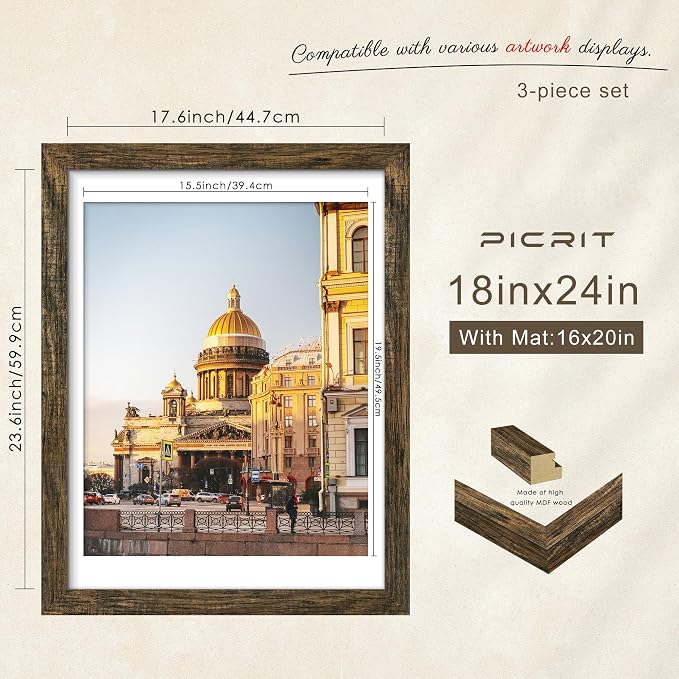 Picrit 18x24 Picture Frame 3 Pack, Wooden Brown Rustic Poster Frame, Display Poster 16 x 20 with Mat or 18 x 24 without Mat for Horizontal or Vertical Wall Mounting