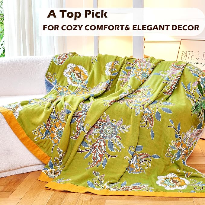 VANJOROY Boho Throw Blanket 50" x 60", 100% Organic Cotton Breathable Ultra Soft Bed Quilt Throw - All Season Luxury Floral Farmhouse Decor Blanket for Sofa Couch Chair and Gift. Green/Blue