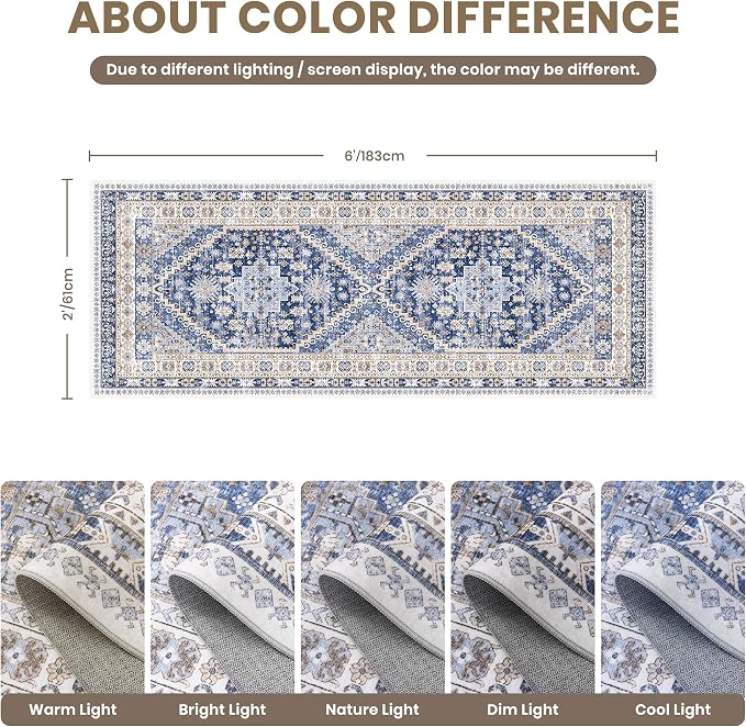 zesthome 2x6 Runner Rug for Hallways, Machine Washable Rug, Non Slip Vintage Low Pile Runners, Stain Resistant Runners for Entryway, Kitchen, Bathroom, Laundry Room, Corridor
