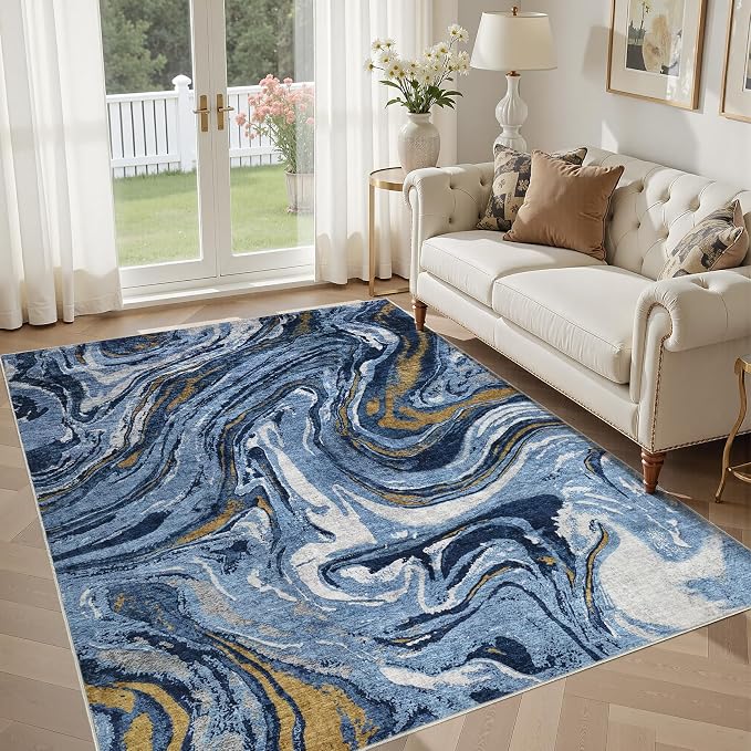 DMOYEST 7x9 Area Rug for Living Room - Washable Neutral Modern Abstract Rugs Soft Non-Slip Carpet Low Pile Indoor Floor Mat for Bedroom & Dining Room Decor for Families with Kids and Pets - Dark Blue