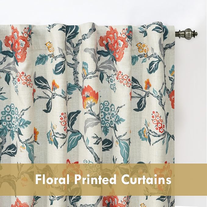 DriftAway Ada Floral Botanical Print Flower Leaf Lined Thermal Insulated Room Darkening Blackout Window Curtains 2 Layers Set of 2 Panels Each 52 Inch by 96 Inch Orange Teal Beige Linen
