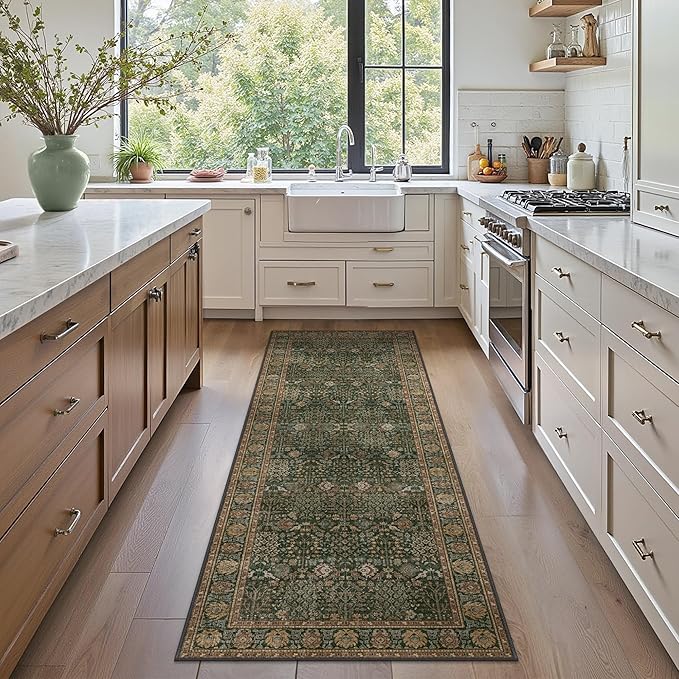 Bavni 2x6 Rug Runners for Hallways, Washable Runner Rug Non Slip, Vintage Floral Print Style Rugs for Bedroom-Lightweight Low Pile Carpet for Hallways Bathroom, Dark Green/Multi
