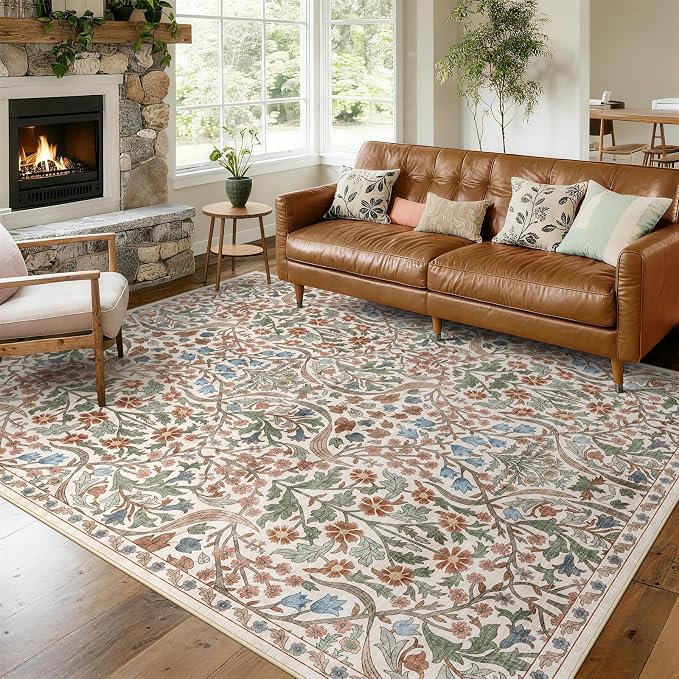 8x10 Washable Area Rug for Living Room, Floral Non-Slip Non-Shedding & Easy Care, Large Soft Low Pile Botanical Indoor Floor Carpet for Living Room, Bedroom, Dining Room, Kids Playroom, Nursery, Beige