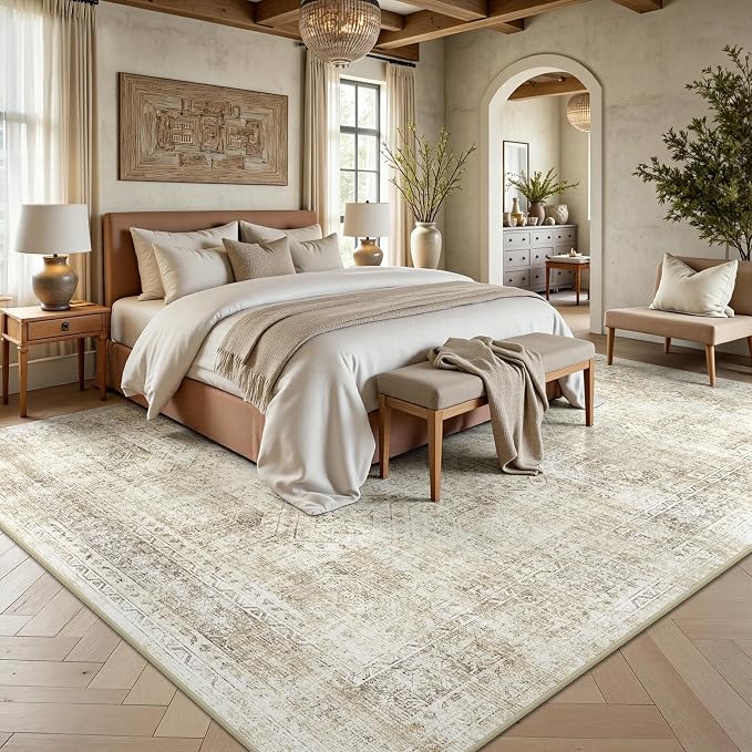 8x10 Area Rugs for Living Room, Washable Vintage Retro Floral Rug, Low Pile Non Slip Distressed Large Carpet for Bedroom, Dining Room, Office, Home (Beige)