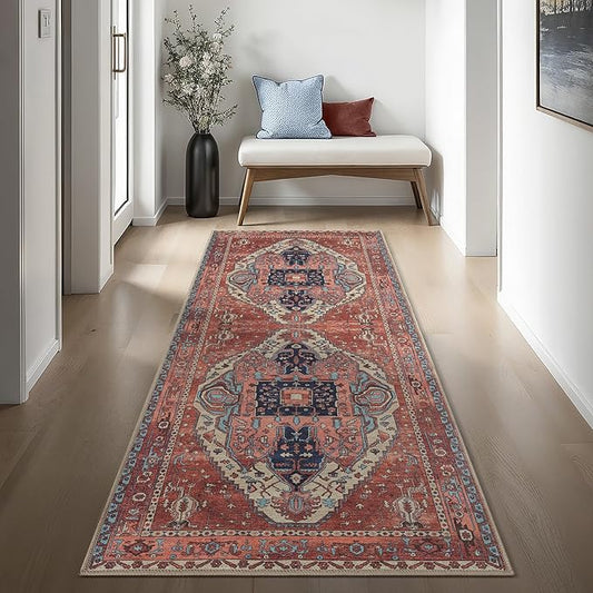 Brick Color Oushak Long Hallway Runner Rug 2'5x12' - Boho Washable Non-Slip Runner Rugs, Vintage Turkish Eclectic Extra Long Runner Rugs for Hallway Kitchen Entryway Foyer Corridor