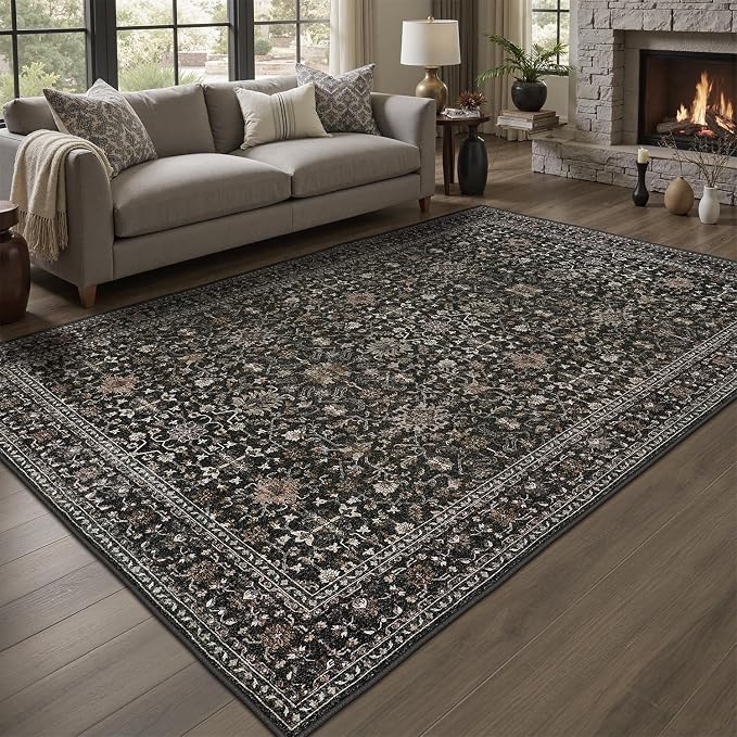 DCX Black 5x7 Rug, Kid & Pet Friendly with Rubber Back Non Slip, Machine Washable Stain Resistant Vintage Traditional Distressed Carpet, Rug for Living Room, Bedroom, Home Decor