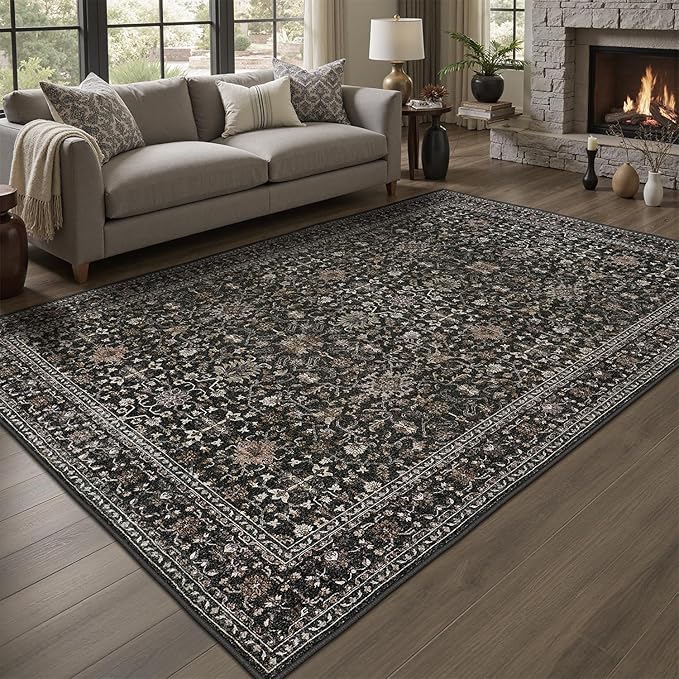 DCX Black 4x6 Rug, Kid & Pet Friendly with Rubber Back Non Slip, Machine Washable Stain Resistant Vintage Traditional Distressed Carpet, Rug for Living Room, Bedroom, Home Decor
