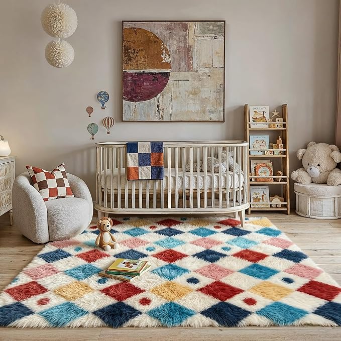 PureCozy Checkered Rug 4x6 Fluffy Shag Living Room Colorful Area Rug Modern Washable Carpet Soft Shaggy Non Slip Indoor Plush Fuzzy Rugs for Bedroom Dorm Office Home Aesthetic Decor