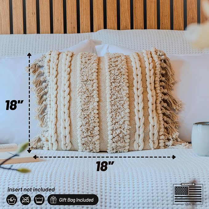 Decorative Boho-Chic Square Pillow Cover 18x18 Handwoven Tufted Braided Cotton Accent Pillows, Neutral Throw Cushion for Couch, Sofa or Bed, Farmhouse & Bohemian Home Decor, Trendy USA Design