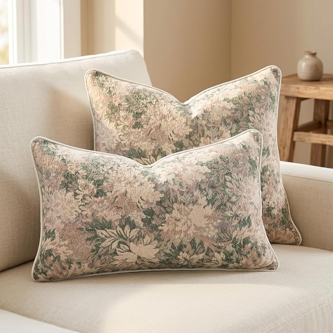 Vintage Floral Throw Pillow Covers 12x20 Inches Set of 2 Lumbar Boho Pillow Cases Premium Chenille Textured Decorative Cushion Covers for Couch Retro Garden Farmhouse Style Grass Green