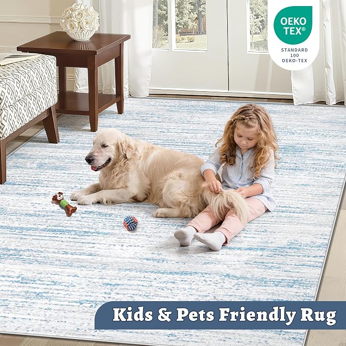 Area Rug 9x12 Living Room Rugs: Washable Modern Rug Large Non-Slip Soft Rugs Stain Resistant Printed Rug Indoor Carpet for Bedroom Kitchen Dining Room Nursery Playroom Home(Blue, 9'x12')
