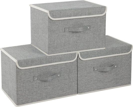 Fabric Storage Bins Cube Organizers with Flip-Top Lid and Handles,Storage Boxes for Organizing Home,Office,and Closet,Grey,3 Pack 15 x 9.8 x 9.8 in