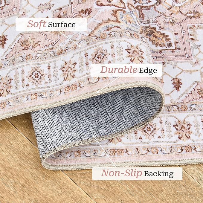 Madane Washable Runner Rugs 2x12 Long for Hallway Kitchen Soft, Pink | Non-Slip Vintage Printed 12ft Rug Runners with Rubber Backing, Low-Pile Floor Carpet Laundry Room Entryway, Corridor