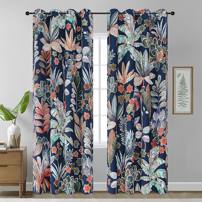 Estelar Textiler Navy Blue Maple Leaves Blackout Curtains 90 inch Length 2 Panels, Grommet Drapes for Bedroom Living Room, Window Decor Themed, Colorful Leaf Pattern Designs Nature Print, 52Wx90L