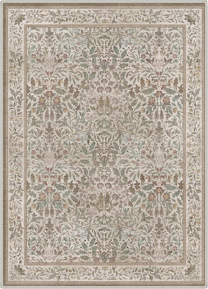 GENIMO 8x10 Washable Area Rugs for Living Room, Non Slip, Brown | Vintage Boho Floral Low Pile Thin Carpet for Bedroom, Dining Room, Nursery, Indoor Decor