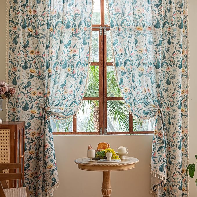 Deeprove Boho Florals Print Curtains 84 Inches Long with Tassel, Palm Leaves Sheer Window Treatments Vintage Drapes for Bedroom Living Room Abstract Privacy 2 Panels Pair 52W x 84L
