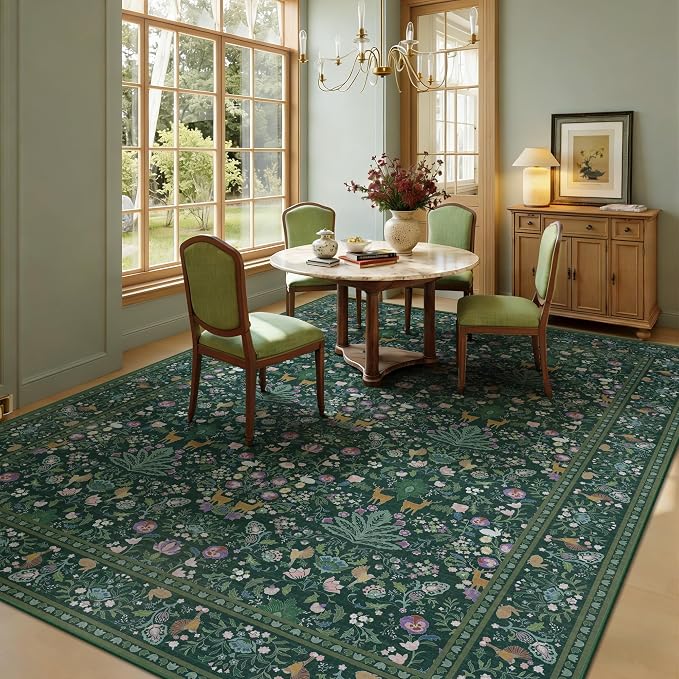 8x10 Area Rugs, Machine Washable Low Pile Floral Rugs for Living Room, Bedroom, Large Boho Area Rug with Non-Slip Backing for Dining Room(Dark Green)