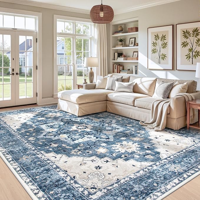 Area Rug 9x12 Vintage Rug: Large Washable Indoor Medallion Rugs Low Pile Distressed Floor Carpet Retro Accent Rug for Living Room Bedroom Kitchen Dining Table Home Office(Blue, 9'x12')
