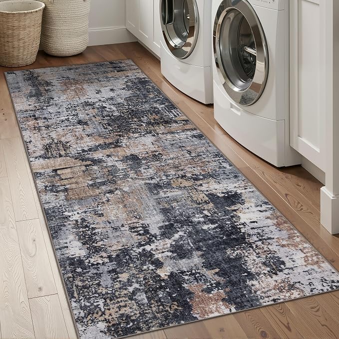 Sasttie 2x8 Soft Runner Rug for Entryway, Modern Abstract Washable Carpet for Hallway, Kitchen and Laundry Room, with Non-Slip Backing, Black and Cream