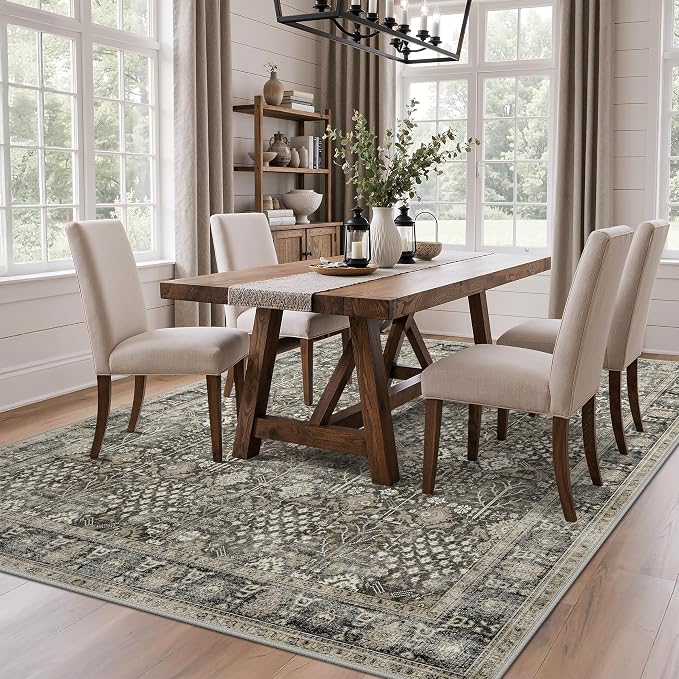 Bavni Washable Rugs 3x5 Machine Washable Rug Lightweight Low Pile, Vintage Floral Rug Non-Shedding Distressed Throw Carpet for Living Room Bedroom Office, Beige Brown