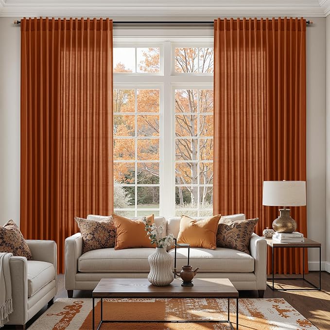 Nanspring Rust Linen Curtains 96 Inches Long for Living Room Light Filtering Semi Sheer Curtain Back Tab Rod Pocket Vintage Rustic Luxury Home Decor Drapes for Bedroom Office 52x96, 2 Panels