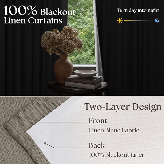 Desert Taupe Linen Blackout Pleated 86 Inch Curtains for Living Room Darkening Pinch Pleat 100% Black Out Drapes Thermal Insulated Soundproof Brownish Grey 86 Inch Curtain for Dining Bedroom