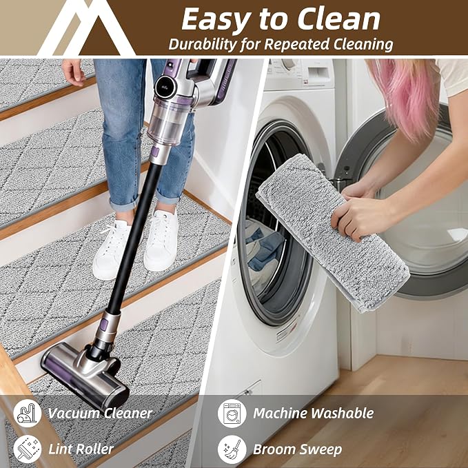 COSY HOMEER Stair Treads for Wooden Steps 11"x30" Washable Indoor Carpet Stair Treads Non Slip Soft Polyester Stair Carpet Tread Reusable Stair Runner Rugs for Kids, Elders,Pets,Grey,15pcs