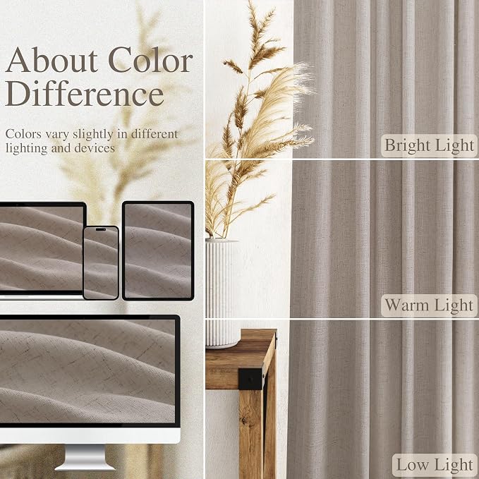 Nanspring Stone Beige Curtains 90 Inches Long for Living Room Linen Light Filtering Semi Sheer Curtain Back Tab Rod Pocket Simple Modern Elegant Farmhouse Decor Drapes for Bedroom 52x90, 2 Panels