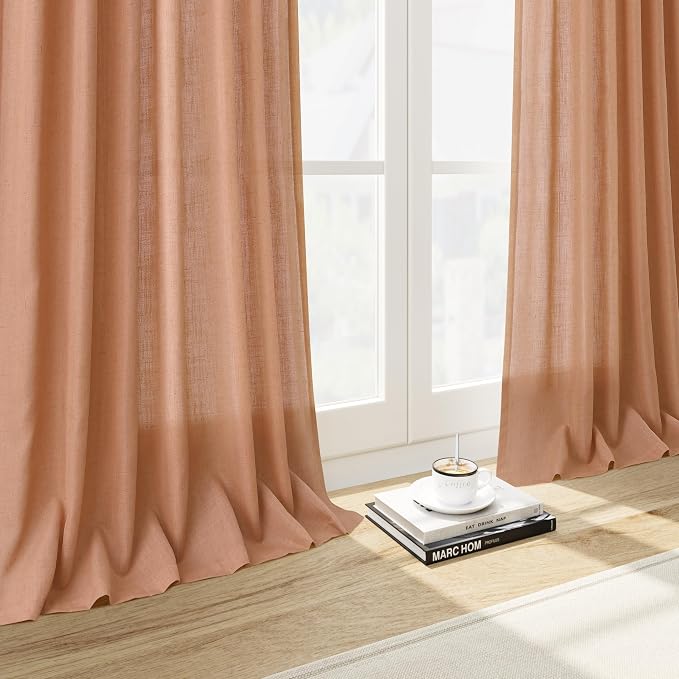 Nanspring Peach Quartz Curtains 90 Inches Long 2 Panel Set Back Tab Rod Pocket Linen Blend Bohemian Semi Sheer Light Filtering Neutral Decor for Relaxing Bedroom and Charming Living Room 52x90