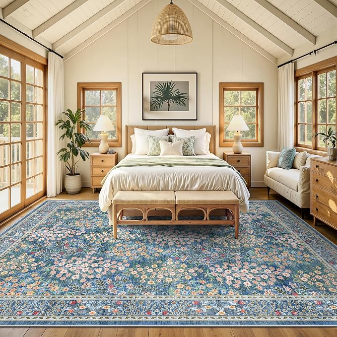 8x10 Area Rugs, Machine Washable Low Pile Floral Rugs for Living Room, Bedroom, Large Boho Area Rug with Non-Slip Backing for Dining Room(Blue Floral)