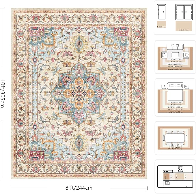 8x10 Area Rugs for Living Room - Washable Rug Vintage Distress Boho Medallion Rugs for Bedroom, Soft Non-Slip Backing Low Pile Carpet for Dining Room Office Nursery Home, Vintage Orange