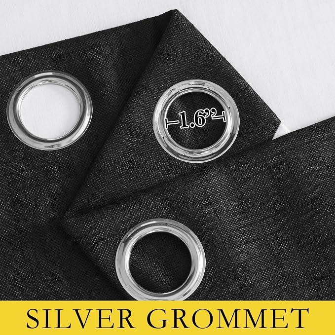 NICETOWN Black Truly Blackout Linen Blend Flax Drapes for Office, Vintage Grommet 100% Blackout Curtains with White Liner Backing for Kitchen Dorm Window（Set of 2, 52 inches Wide x 63 inches Long