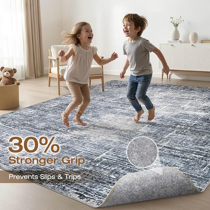 8x10 Area Rugs Living Room: Washable Large Neutral Navy Rug Abstract Soft Modern Stain Resistant Indoor Floor Non-Slip Carpet for Bedroom Nursery Kids Office Playroom Dining Room Under Table Home