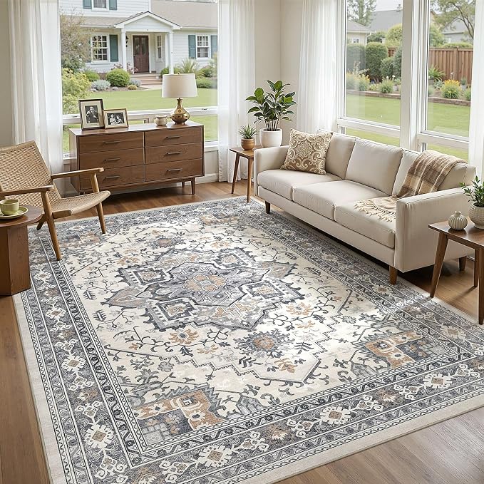 UERMEI 9x12 Area Rug Living Room Rugs - Washable Vintage Soft Large Rug Indoor Floor No Slip Rug Carpet for Bedroom Farmhouse Under Dining Table Home Office Decor - Grey-Orange