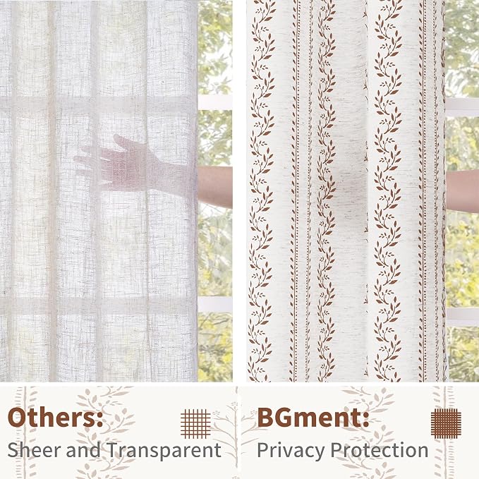 BGment Short Brown Boho Curtains Leaf Floral Print Cottage Core Botanical Curtains for Living Room Light Filtering Curtain 54 Inch Long for Farmhouse Rustic, Each 52 Inch Wide, 2 Panels Set