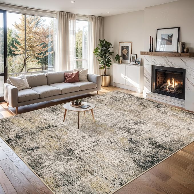 6x9 Area Rugs for Living Room - Washable Rug Modern Abstract Soft Large Neutral Non-Slip Carpet Indoor Floor Thin Carpets for Bedroom Dining Room Farmhouse Nursery Home Office Brown Black Grey
