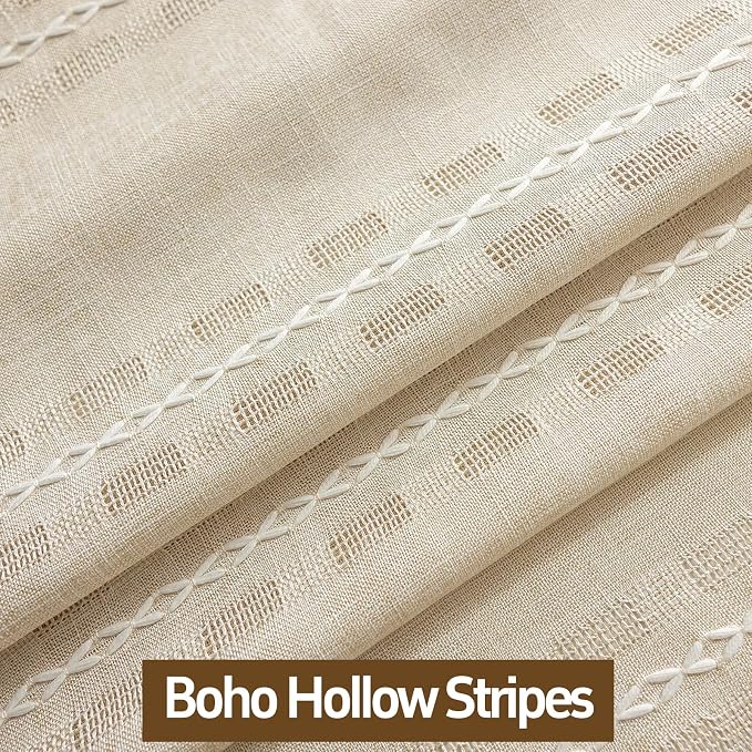 Natural Boho 96 inch Curtains 2 Panel Set for Living Room Dining room Floor to Ceiling, Light Filtering Tassels Privacy Country Vintage Embroidery Bohemian Stripes Window Treatment Back Tab, 50"W