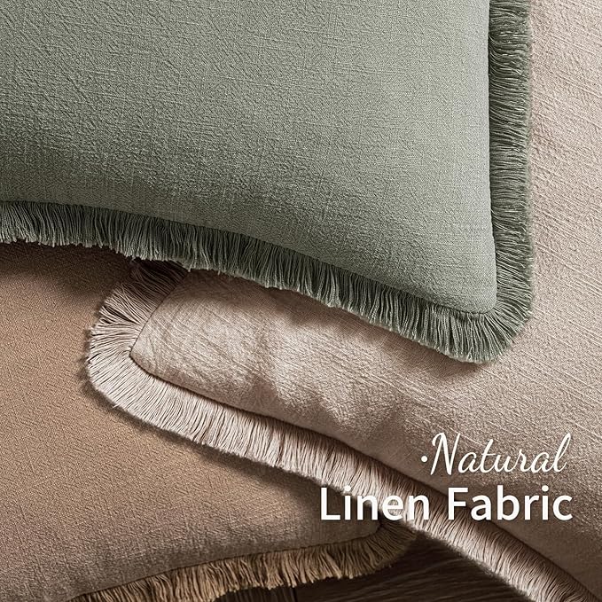 MIULEE Decorative Throw Pillow Covers Neutral Linen Fringe Throw Pillows Set of 2 Natural Linen Boho Farmhouse Cushion Covers with Tassels for Couch Sofa Bed Spring Home Decor 18x18 Inch