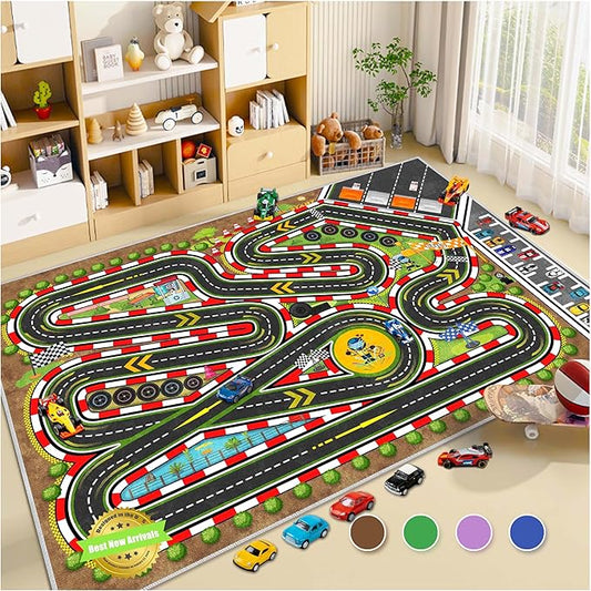 Kids Racing Rug 79''x118'' Car Road Kid Rug Carpet Playmat for Playoom Traffic Road Kid Play Mat for Bedroom，Washable Kids Educational City Traffic Road map Fun Carpet (Brown)
