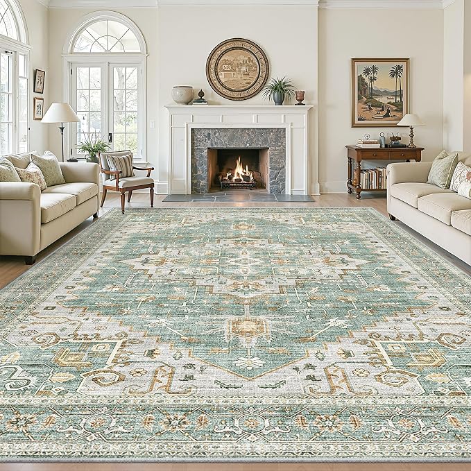 Living Room 10x14 Area Rugs, Washable Area Rug Stain Resistant Carpet Vintage Soft Rugs for Bedroom with Non Slip Backing Indoor Home Decor (10'x 14',Green)