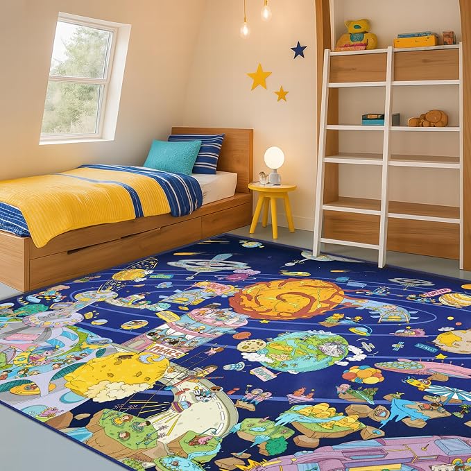 Hazo Haus Solar System Explorer 6x9 Kids Area Rug – Educational Outer Space Map with Planets, Rockets, Robots & Aliens – Ideal for Playroom, Classroom, Living Room, or Science-Loving Children