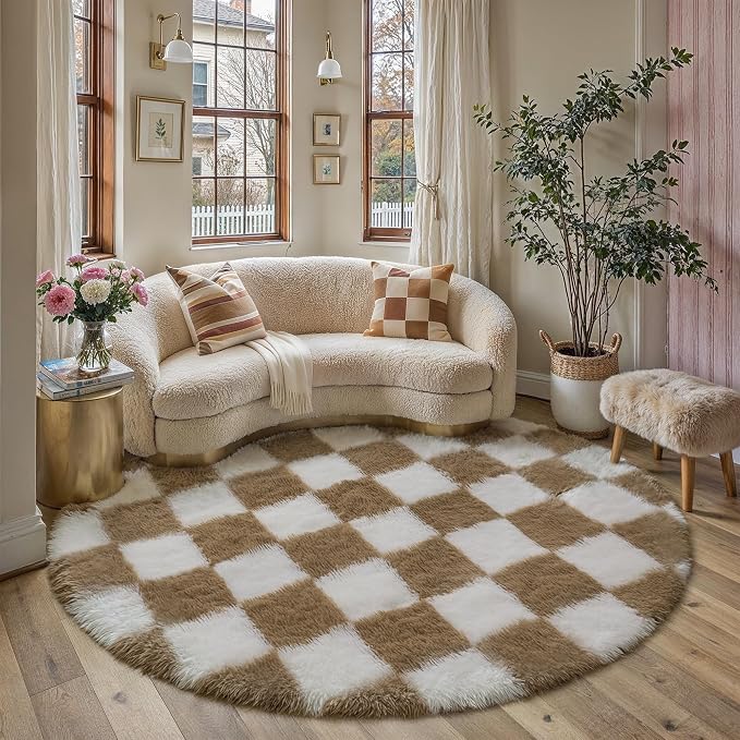 PureCozy 6x6 Round Rugs for Living Room Brown Soft Shag Checkered Large Rug Modern Washable Indoor Office Fuzzy Carpet Non-Slip Fluffy Rugs for Bedroom Nursery Dorm Playroom Home Aesthetic Decor