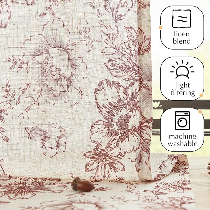 jinchan Floral Linen Tier Curtains 45 Inch Farmhouse Botanic Cafe Drapes for Small Windows Rustic Half Window Curtains for Kitchen Living Room Bathroom Laundry 2 Panels Red on Beige