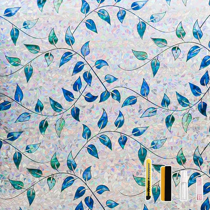 Finnez Window Privacy Film 3D Static Cling Window Film with Rainbow Effect, No Glue Heat Control & 99% UV Blocking for Home Office, Decorative Glass Cover 17.5" x 6.5'