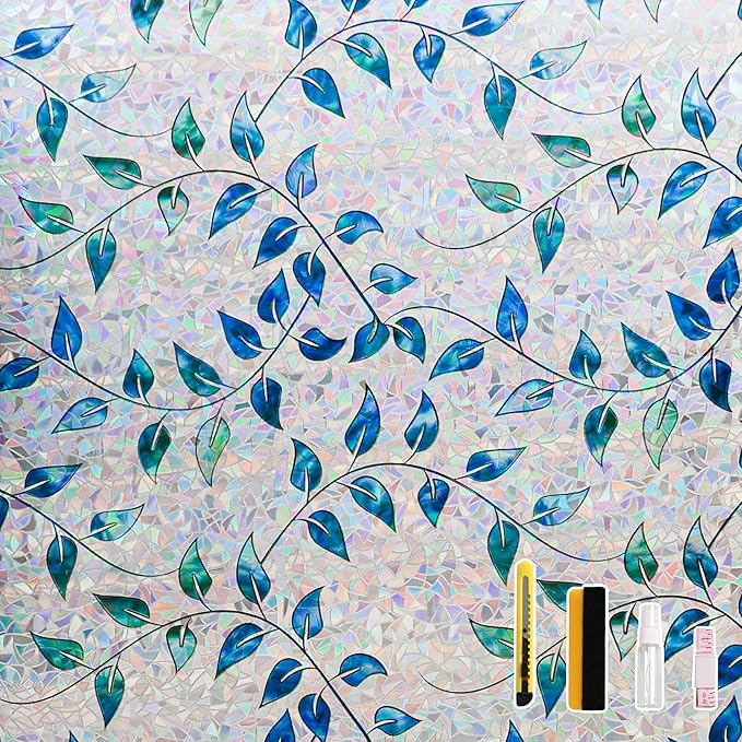 Finnez Window Privacy Film 3D Static Cling Window Film with Rainbow Effect, No Glue Heat Control & 99% UV Blocking for Home Office, Decorative Glass Cover 23.6" x 13.1'
