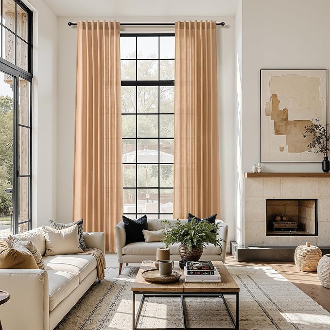 Nanspring Camel Linen Curtains for Living Room Extra Long 144 Inches Long Back Tab Light Filtering Semi Sheer Curtain Vintage Rustic Decor Floor to Ceiling High Window for Bedroom 52x144, 2 Panels