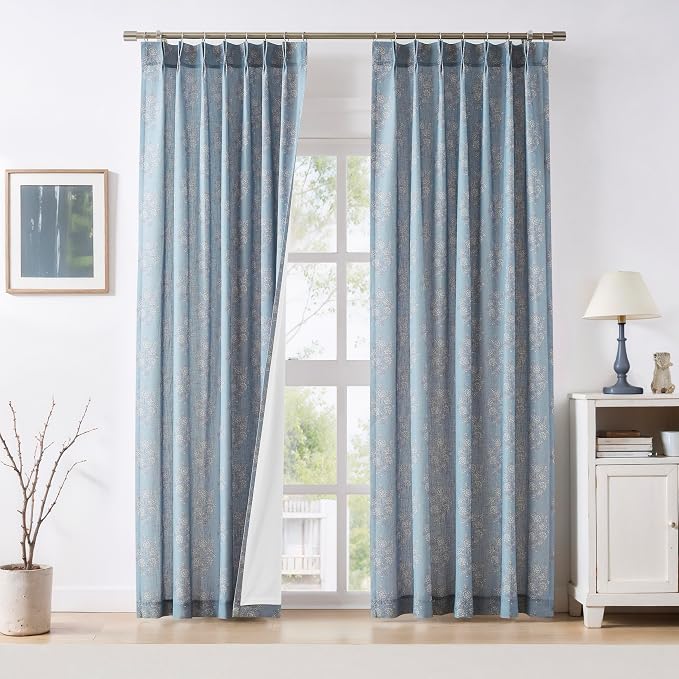 Vision Home Linen Print Pinch Pleated Light Filtering Curtains Panels, Blue Block Window Drapes with Microfiber Liner & Back Tab Hooks for Living Room Bedroom, Coastal Botanical 40x90 Inch Set of 2