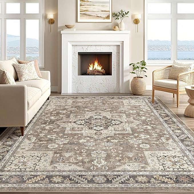 Vintage Living Room Area Rug 10x13 - Large Soft Washable Oriental Traditional Distressed Farmhouse Rugs for Bedroom - Indoor Floor Accent Carpet for Home Office House Decor - Brown
